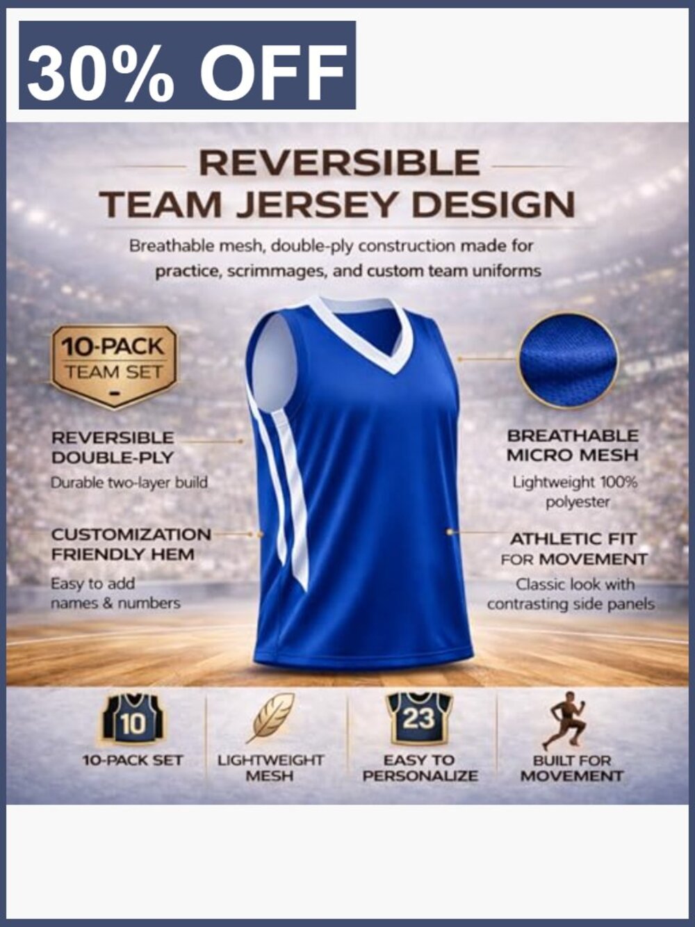 Reversible Men's Basketball Jersey, Mesh Athletic Sleeveless Scrimmage Pinnie, View 5